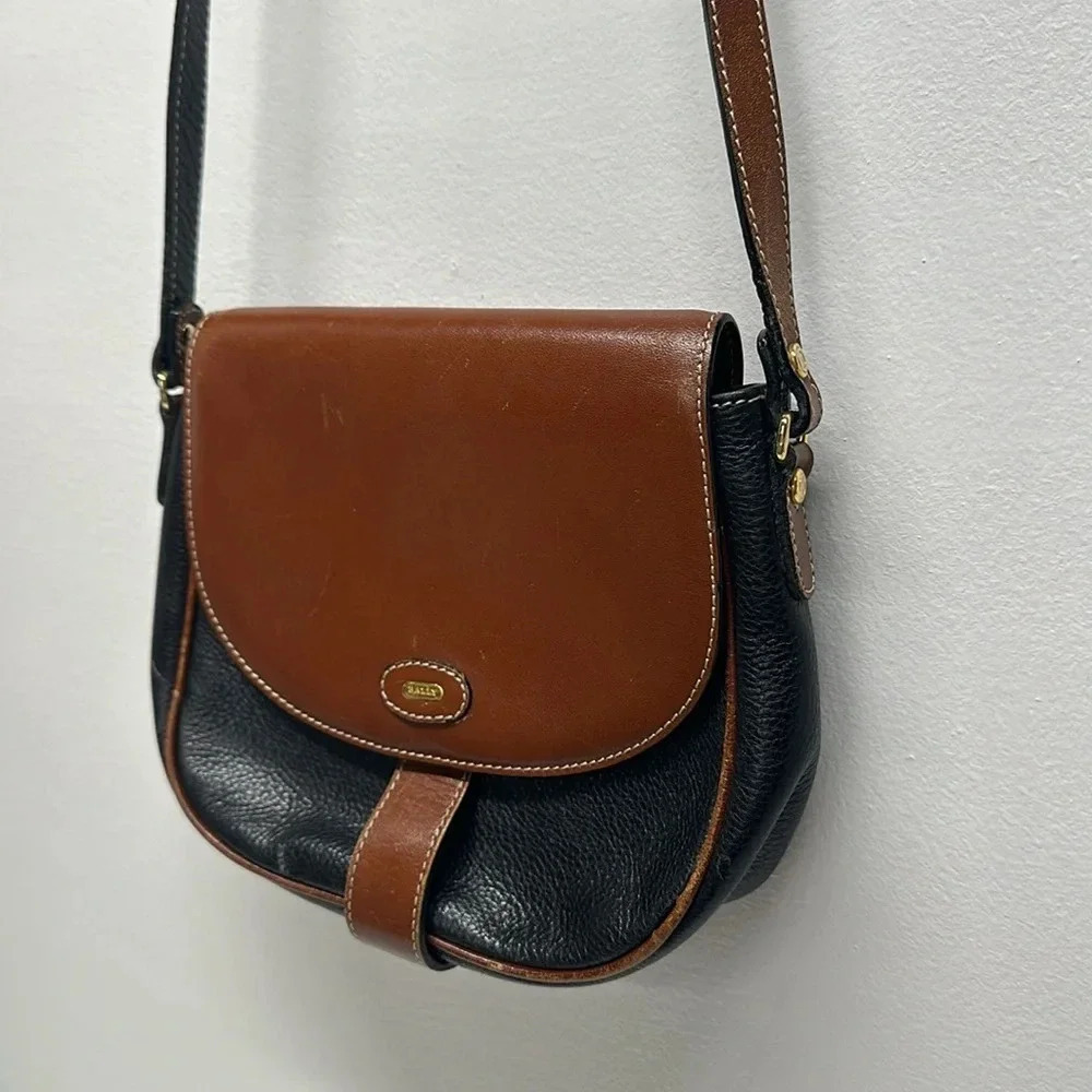 Bally Shoulder Bag Crossbody Strap Purse Pebbled Leather Brown Black Vintage - Picture 4 of 14